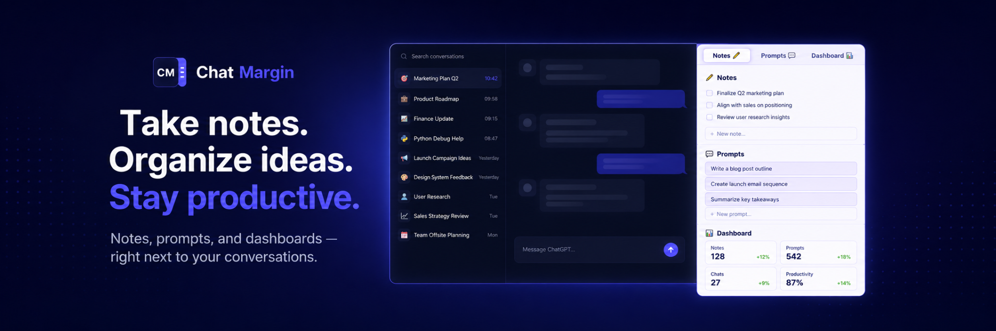 ChatMargin adds notes, prompts and a dashboard next to ChatGPT conversations.